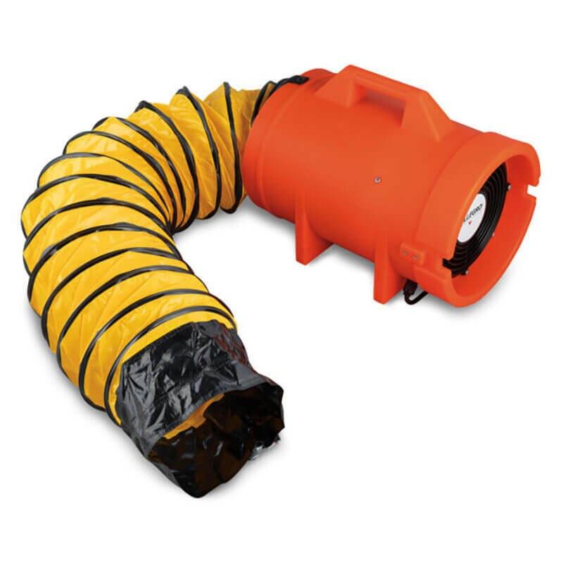 The Allegro 8″ Axial AC Plastic Mini-Pak Blower, from the renowned brand Allegro, boasts a safety orange housing and comes equipped with a flexible yellow and black duct hose. Designed for effortless portability, this ventilator features a convenient handle on top. The coiled hose is engineered with a sleek black interior for optimal airflow management.