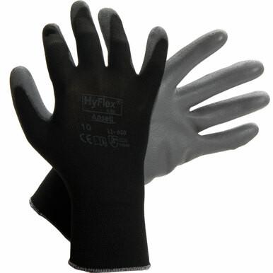 A pair of black Ansell HyFlex Polyurethane Coated Gloves 11-600 is shown, featuring gray polyurethane-coated palms and fingers. One glove faces upward, displaying the brand name and size, while the other is placed behind it. These gloves are designed for protective use in electronics assembly.