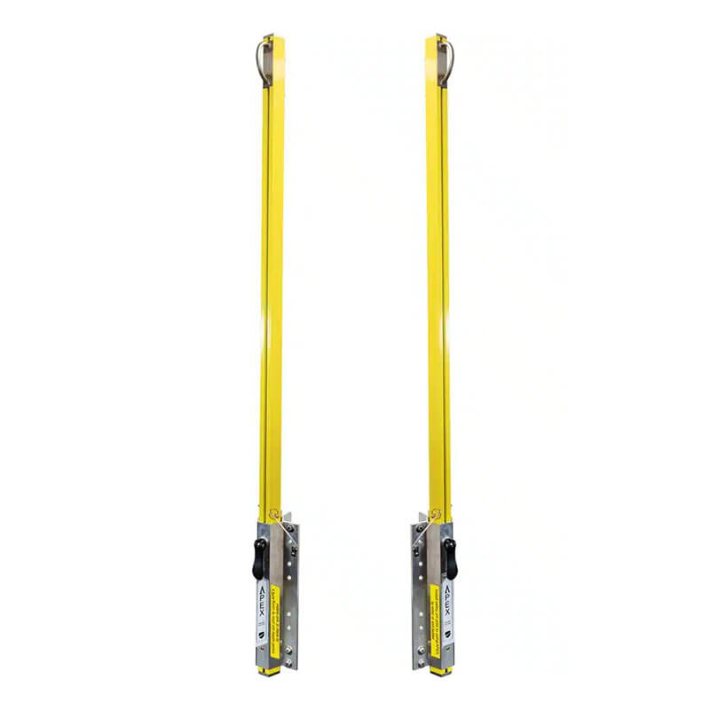Two vertical yellow safety light curtains with metal bases, used as safety sensors for machinery—ideal for areas using the French Creek Apex Retractable Ladder Anchor Post by French Creek Production.