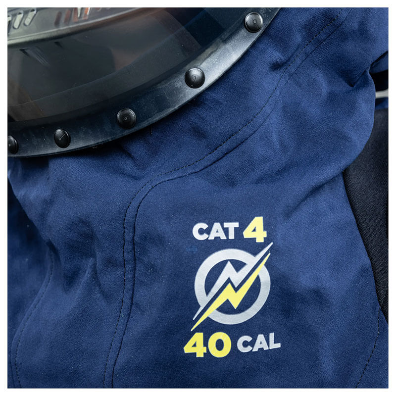 Close-up of the NSA Enespro ArcGuard Performance 40 Cal Lift Front Hood ARC40H, part of Arc Flash Clothing, featuring a blue design with a clear face shield, lightning bolt logo, and “CAT 4 40 CAL” in white and yellow.