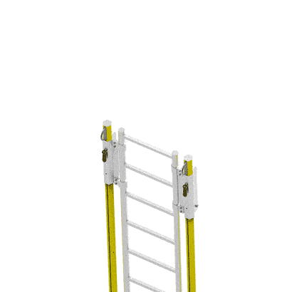 Animation of the French Creek Production Apex Retractable Ladder Anchor Post securing each section of a yellow and white extension ladder as it extends upward, showcasing enhanced safety features as the ladder locks in place.