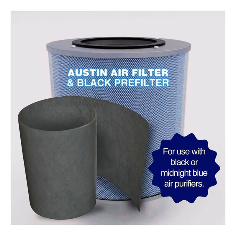 The image shows the Austin Air Systems Bedroom Machine Filter FR402 with a black prefilter, designed as a replacement filter for black or midnight blue units. The medical-grade HEPA prefilter is unrolled in front of the main filter.
