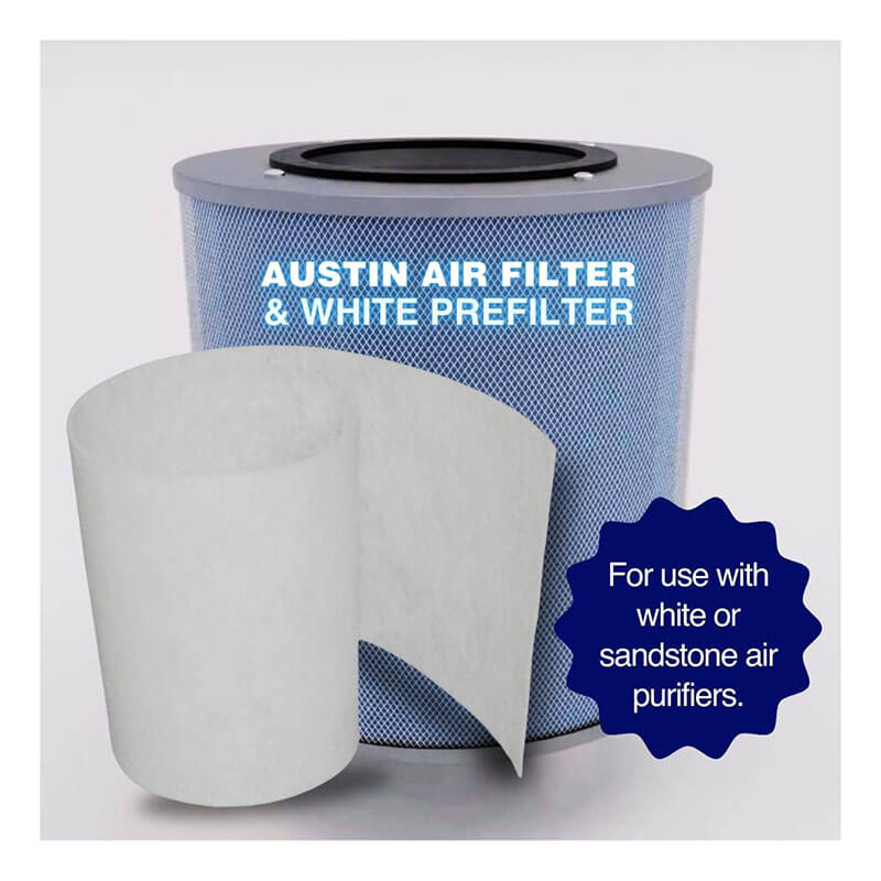 The Austin Air Systems Bedroom Machine Filter FR402 is a cylindrical medical-grade HEPA replacement filter with a white prefilter. A blue label indicates it's suitable for use with white or sandstone air purifiers. Fits the Austin Air Bedroom Machine.
