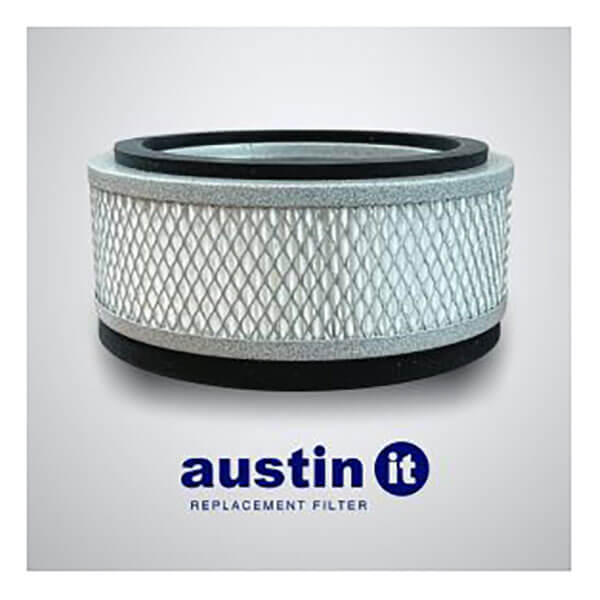 The Austin Air Systems "it" Filter is a cylindrical filter with a metal mesh exterior and foam edges, displayed above the text "austin it REPLACEMENT FILTER" on a light gray background—perfect for allergy relief.