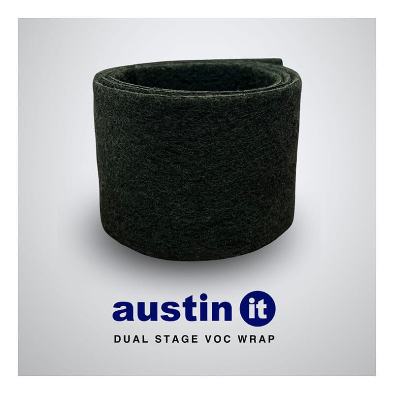 A rolled black Austin Air "it" Filter from Austin Air Systems is displayed on a white background with the text “austin it” and “DUAL STAGE VOC WRAP,” emphasizing its Allergy Relief function.