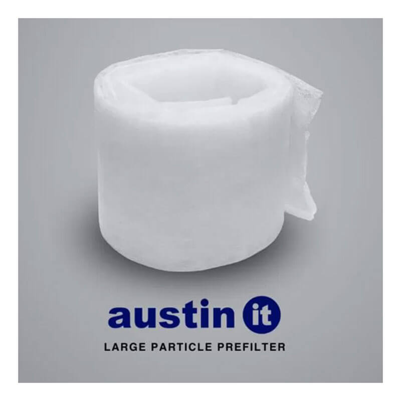 A roll of white prefilter material is shown on a gray background above the text "Austin Air it Filter" from Austin Air Systems, ideal for allergy relief with Austin Air "it" Filter units.