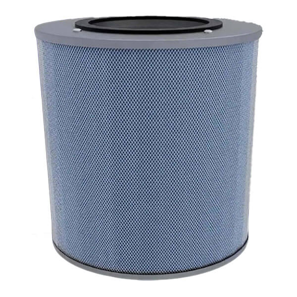 The Austin Air Bedroom Machine Filter FR402 by Austin Air Systems is a cylindrical blue replacement filter with black rims and a mesh-like surface, featuring medical grade HEPA filtration, shown upright against a plain white background.