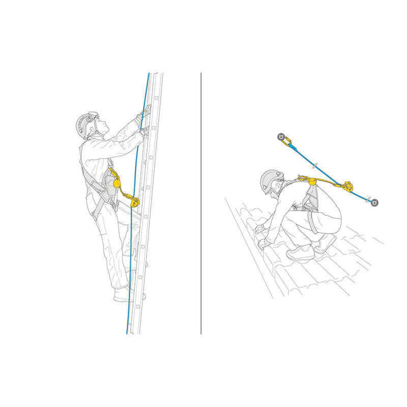 Illustration shows a worker using the Petzl ASAP Compact Mobile Fall Arrester for Rope B070AB00 by Petzl while climbing a ladder (left) and crouching on a sloped roof with rope secured to anchor points (right).