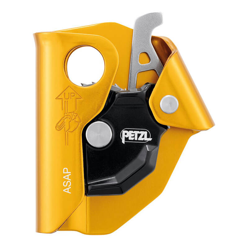 The Petzl ASAP Compact Mobile Fall Arrester for Rope B070AB00 is a gold and black rope safety device with a round hole, lever, directional “UP” arrow, and the Petzl logo on the black section.