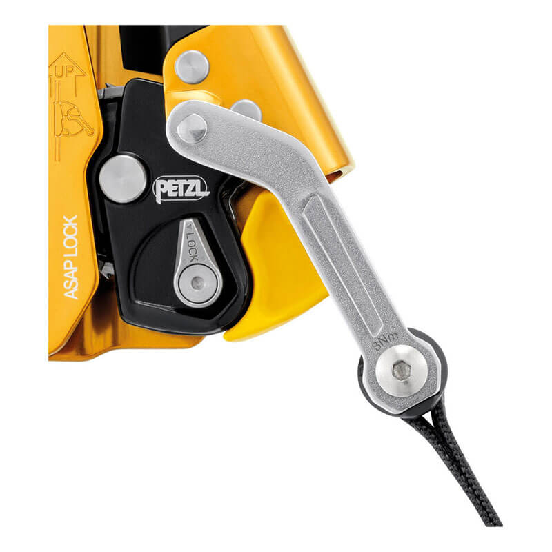 Close-up of the Petzl ASAP LOCK B071BB00 fall protection device in yellow and black by Petzl, attached to a rope with a metallic arm and visible "LOCK" switch, designed for climbing and rope safety.