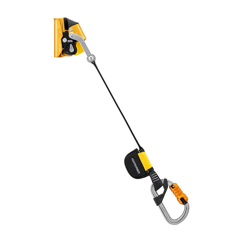 The Petzl ASAP LOCK Vertical Lifeline Kit US B071DC0_ is a yellow and black climbing ascender with carabiner and black leash, designed by Petzl for fall protection and rope safety in rock climbing or mountaineering.