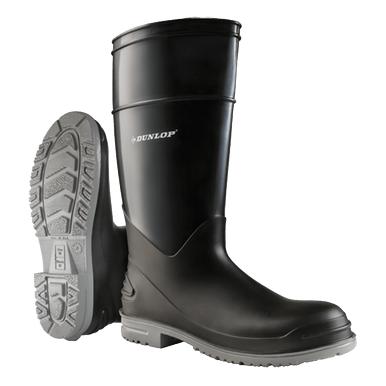 A pair of black Onguard Dunlop Goliath Steel Toe Boots with non-slip, textured soles offers exceptional chemical resistance. The boots prominently display the brand name "Dunlop" in white on the side. One boot is positioned upright while the other leans against it, highlighting its protective sole.