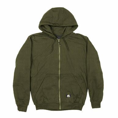 The Berne 14 oz. Thermal Lined Hooded Sweatshirt AG Tall in alpine green is a workwear essential, featuring a zipper front, thermal lined hood, and two convenient front pockets.