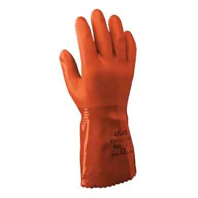 A single SHOWA ATLAS 620 Chemical Glove from Showa Best, crafted in orange rubber for protective use, stands upright displaying its front side. Offering liquid-proof protection and chemical resistance, this PVC glove features text and symbols on the wrist area to indicate its specifications.