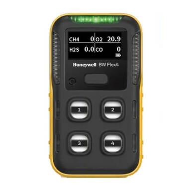 Introducing the BW Technologies by Honeywell BW Flex4 4-Gas Detector in yellow and black, featuring a vivid digital display for precise gas levels and numeric buttons (1-4) for an enhanced user experience, ensuring effortless safety against gas hazards.