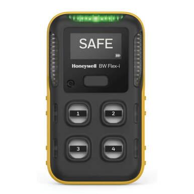 The BW Technologies by Honeywell BW Flex4 4-Gas Detector is a robust yellow and black portable device with a digital screen displaying "SAFE" and four labeled buttons, ideal for industrial use to reliably detect gas hazards.