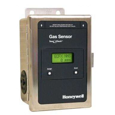 Close-up of a Vulcain Manning EC-FX Ammonia Gas Sensor (100ppm) ECFX-100 in beige metallic casing with a black front panel. The display shows "ECFX NH3 0 PPM." Two buttons, "Accept" and "Scroll," offer easy operation. Designed for workplace injury prevention, it includes a three-year warranty.