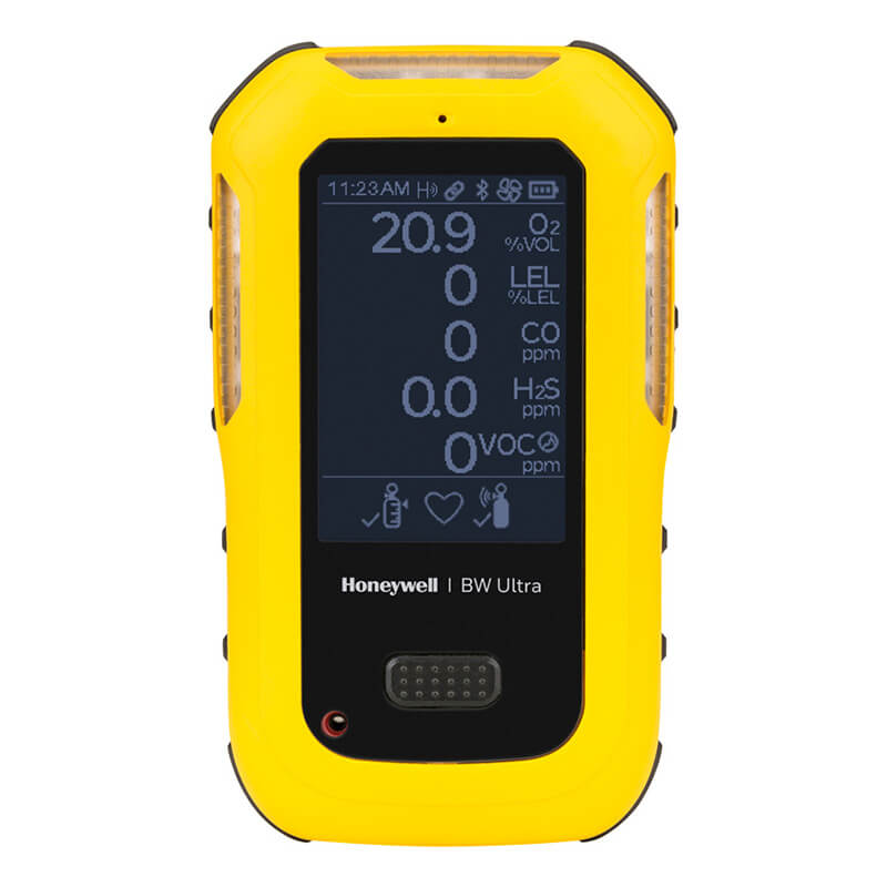The BW Honeywell BW Ultra Five-Gas Portable Gas Detector, enclosed in a yellow casing and featuring advanced sensor technology, offers accurate readings of gases such as oxygen (O2), lower explosive limits (LEL), carbon monoxide (CO), hydrogen sulfide (H2S), and volatile organic compounds (VOC). It is perfectly suited for confined space applications.