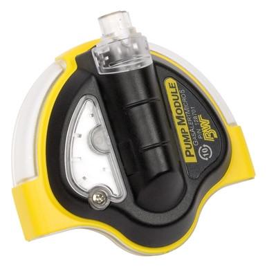 The BW Technologies by Honeywell GasAlert Micro 5 Sampling Pump is a yellow and black motorized module with a clear plastic attachment, designed for use with GasAlert Micro 5 gas detector accessories and other safety equipment.