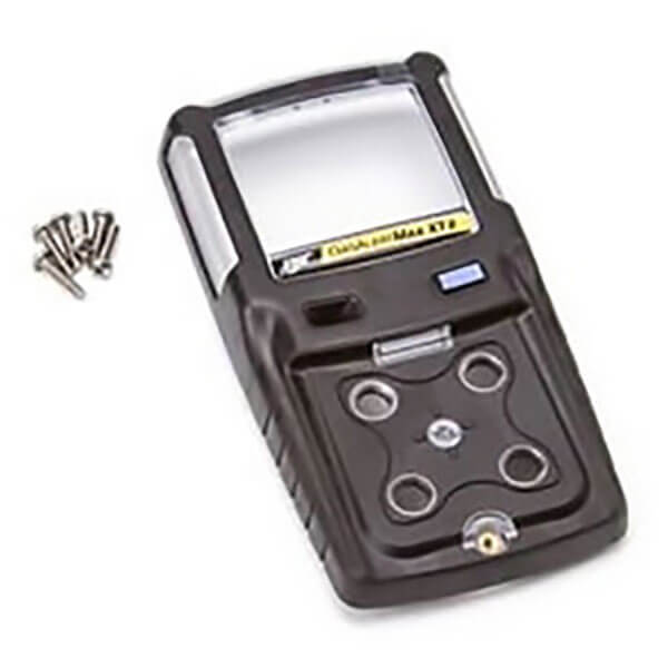 A black BW Technologies by Honeywell Max XT II Replacement Front Enclosure XT-FC1B-1 with four sensor ports, a display screen, and a yellow label, shown with six small silver Gas Monitor Parts screws on a white background.