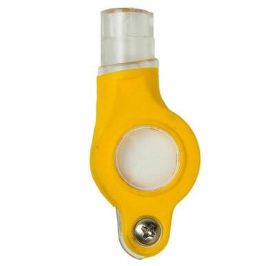 A yellow plastic device, similar to a key fob, has a clear circular section with a central hole, featuring a metal screw at the bottom and transparent cap at the top. It resembles parts of the BW Honeywell GasAlert Max XT II Replacement Pump Enclosure.