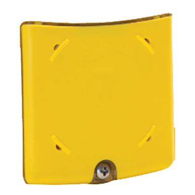 The BW Honeywell Max XT II Replacement Sensor Enclosure by PK Safety Supply is a yellow, square-shaped component with rounded edges and a metallic screw at the bottom center. Its smooth, glossy surface is decorated with four small indents on each side, making it an ideal match for GasAlert Max XT gas monitor parts.