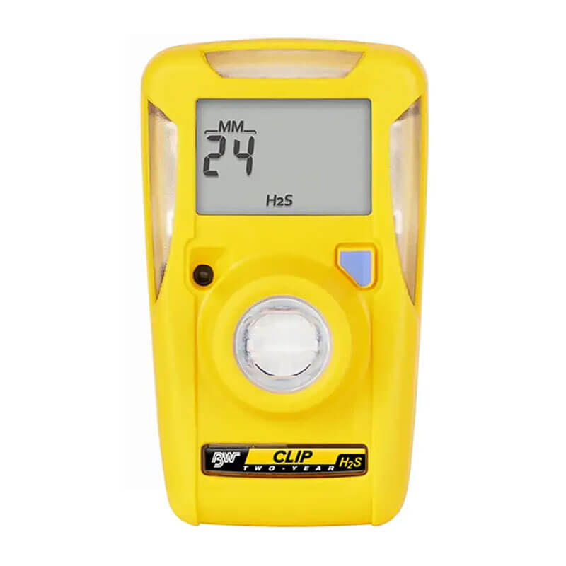 A yellow BW Technologies by Honeywell BW Clip 2 Year Single Gas Detector (BWC2-H) with a digital screen showing "24 MM H2S," a round sensor below, and a label stating "CLIP TWO YEAR H2S.