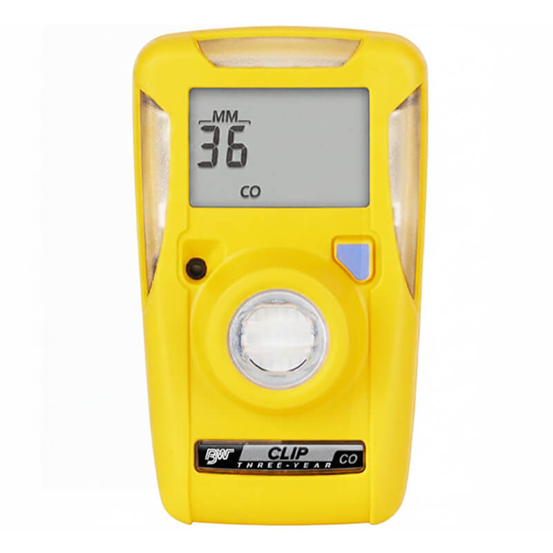 The BW Clip 3 Year CO Single Gas Detector BWC3-M from PK Safety Supply is an ideal choice for hazardous environments. It features a digital display showing "36 MM CO." This detector includes a circular sensor and has a convenient clip located at the bottom.