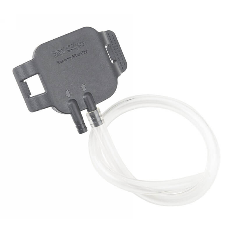 A black BW BWC4 Test Cap and Hose (BWC4-TC) by BW Technologies by Honeywell, featuring two short nozzles and clear tubing for gas detection calibration, shown on a white background.