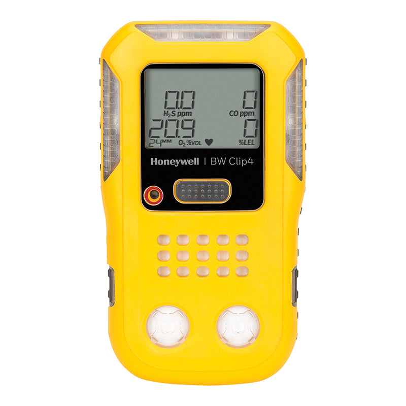 The yellow BW Clip4 4-Gas Detector BWC4-Y-N by BW comes with a digital display that shows gas levels in ppm. This compact monitor includes two sensors at the bottom and several buttons on the front for easy operation.