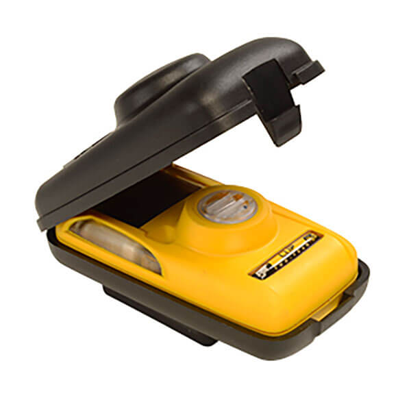 A protective Hibernation Case in yellow and black, branded by PK Safety Supply, displays a partially open lid revealing a BW Clip gas monitor inside. The BW Clip Hibernation Case CLIPHB-CASE is equipped with a secure locking mechanism designed for optimal protection and portability.