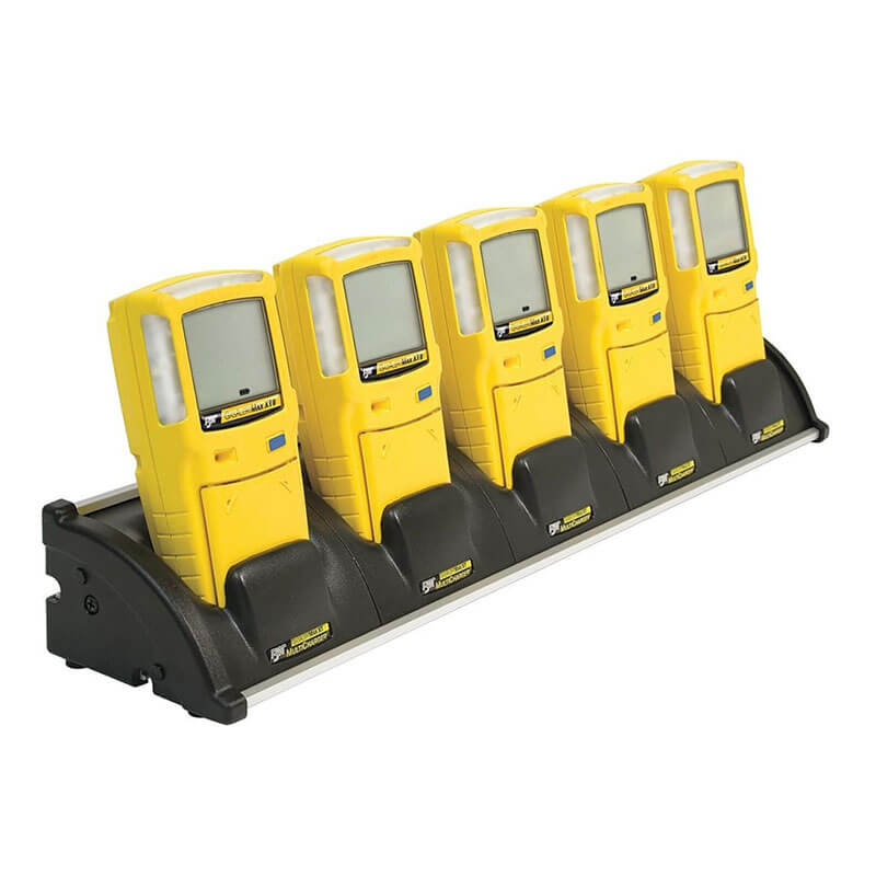 Five yellow handheld devices are docked in a black BW Technologies by Honeywell BW Multi-Unit (5) Cradle Charger XT-C01-MC5, all facing forward with blank screens—ideal for organizing your gas detector accessories.