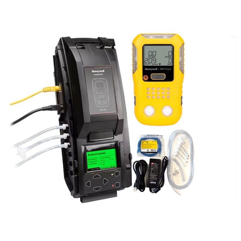 The BW Technologies by Honeywell BW Clip4 and Intellidox Bundle includes a black calibration device with tubes, IntelliDox Docking Station, charger, cables, calibration gas canister, and tubing—all on a white background.