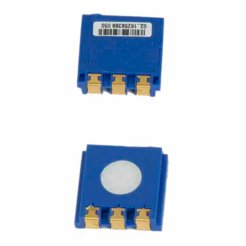 Two views of the BW Technologies by Honeywell GasAlertMax XT II and MicroClip XT Replacement H2S Sensor SR-H-MC: top view with barcode label, and bottom view with a central white spot—perfect as a replacement sensor.