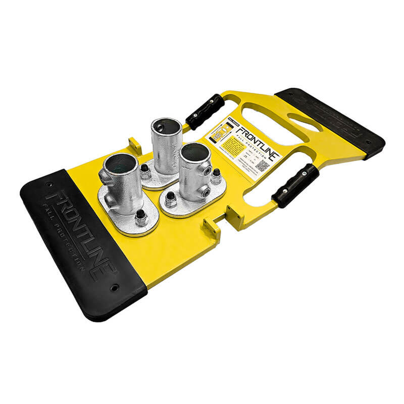 The Frontline Guardrails 56 lbs Base GUB56 by Frontline Fall Protection is a yellow base designed for supporting fall prevention systems or non-penetrating setups, ensuring safety and cable organization on worksites.