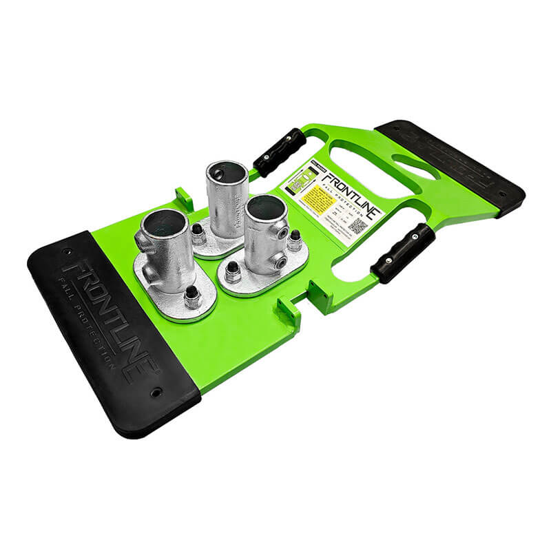 The Frontline Guardrails 56 lbs Base GUB56 by Frontline Fall Protection is a green metal tool with three cylindrical holders and a carry handle, designed for supporting pipes or serving as a guardrails base in fall prevention systems.