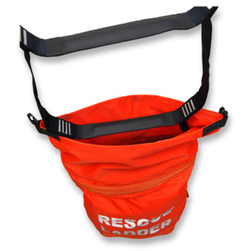 The Frontline Rescue 18' Ladder Kit RLA18 by Frontline Fall Protection comes in a bright orange bag with black adjustable straps and "RESCUE" in white, featuring a spacious interior for storing your OSHA compliant ladder kit or rescue gear.