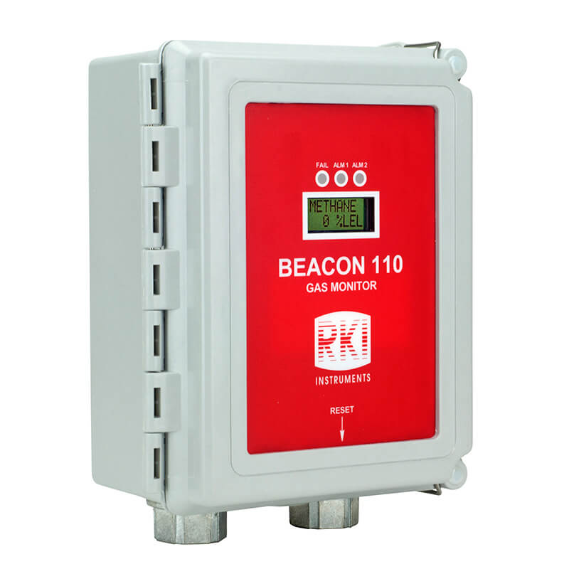 The RKI Beacon 110 Single Channel Wall Mount Fixed Systems Controller by RKI Instruments is a rectangular gray unit with a red front panel, "METHANE" display, indicator lights, and a reset button.