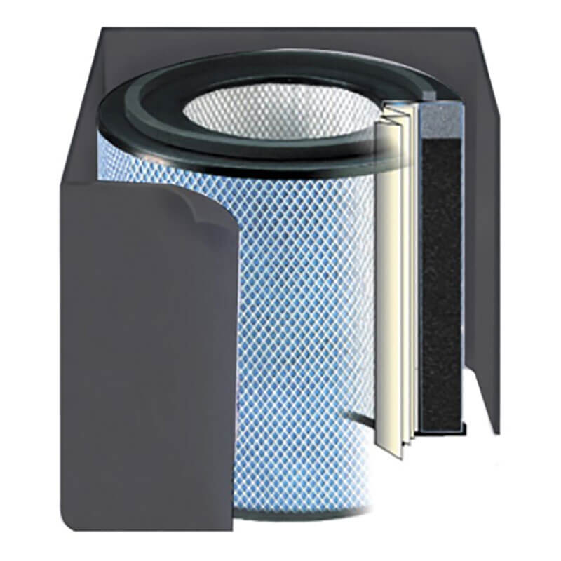 A digital illustration of the Austin Air Systems Bedroom Machine Filter FR402 shows its cylindrical, multi-layer design, including medical-grade HEPA, mesh exterior, and internal filter layers inside a partially transparent housing.
