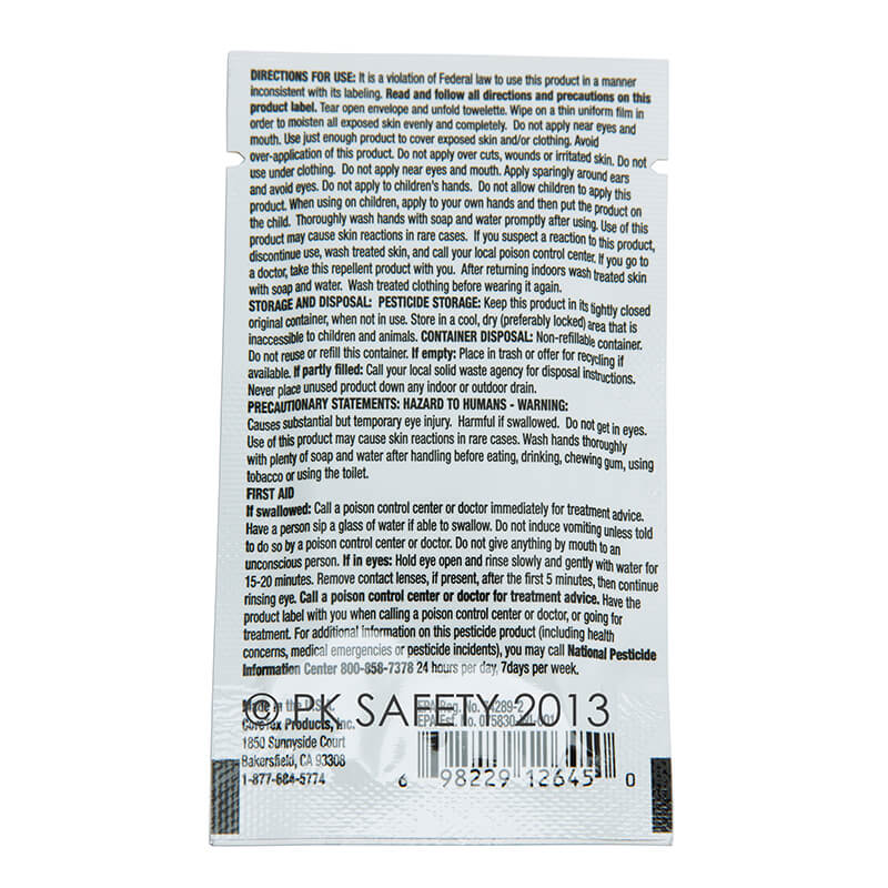 Printed text on the back of the package includes instructions and warnings. The small text offers usage directions for Coretex BugX30 Deet Insect Repellent Towelettes, along with storage information. Manufacturer contact details are listed at the bottom.