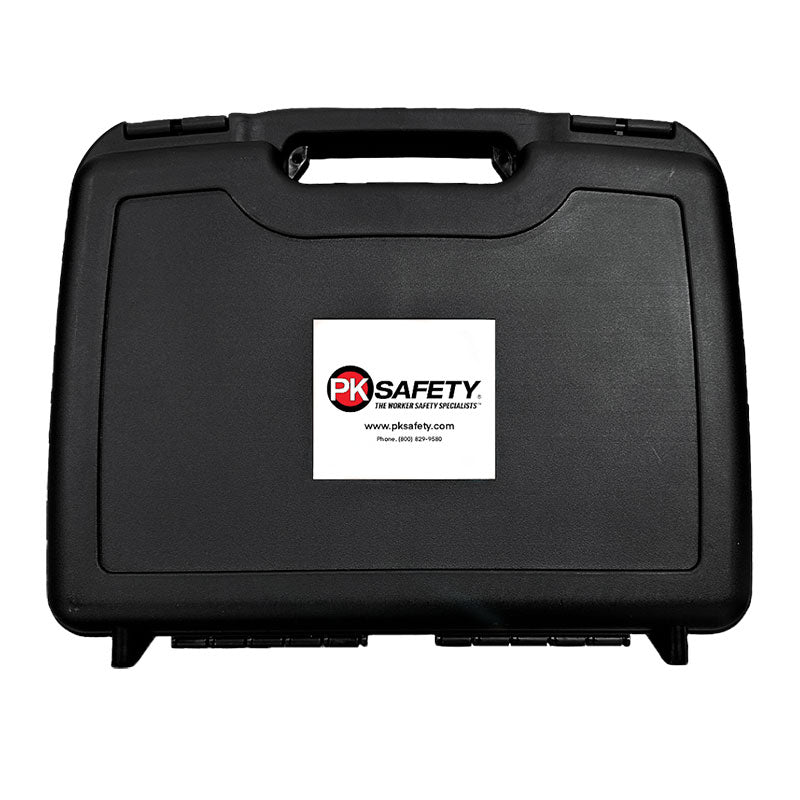 The PK Safety hard black plastic case, with a handle and white label showing the PK Safety logo and website, securely stores your RKI GX-3R Bundle gas monitor or detection kit.