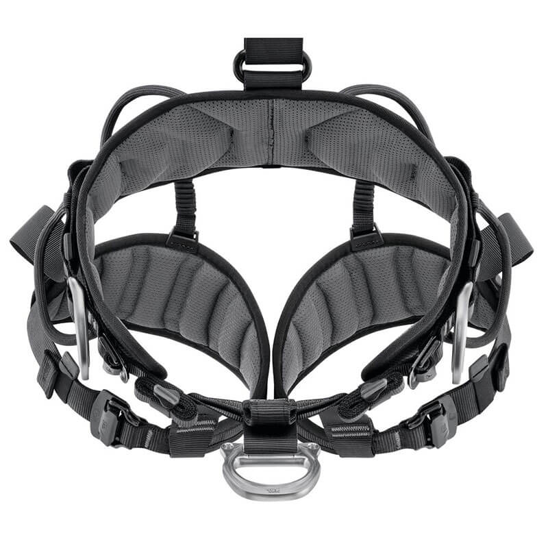 A black and gray Petzl AVAO International Version Full Body Harness (C071CB0_) with adjustable straps, metal buckles, gear loops, and central attachment point—ideal for rope access—shown from above on a white background.