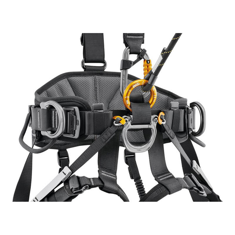A close-up of the Petzl AVAO International Version Full Body Harness C071CB0_, a black and gray Petzl harness with multiple metal loops, buckles, straps for work positioning and rope descent, shown with a yellow carabiner attached to a rope.