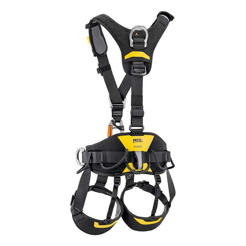The Petzl AVAO International Version Full Body Harness C071CB0_ features black and yellow design, padded leg loops, adjustable straps, metal buckles, and gear loops—ideal for climbing or work positioning. "Petzl" branding appears on the waist belt.