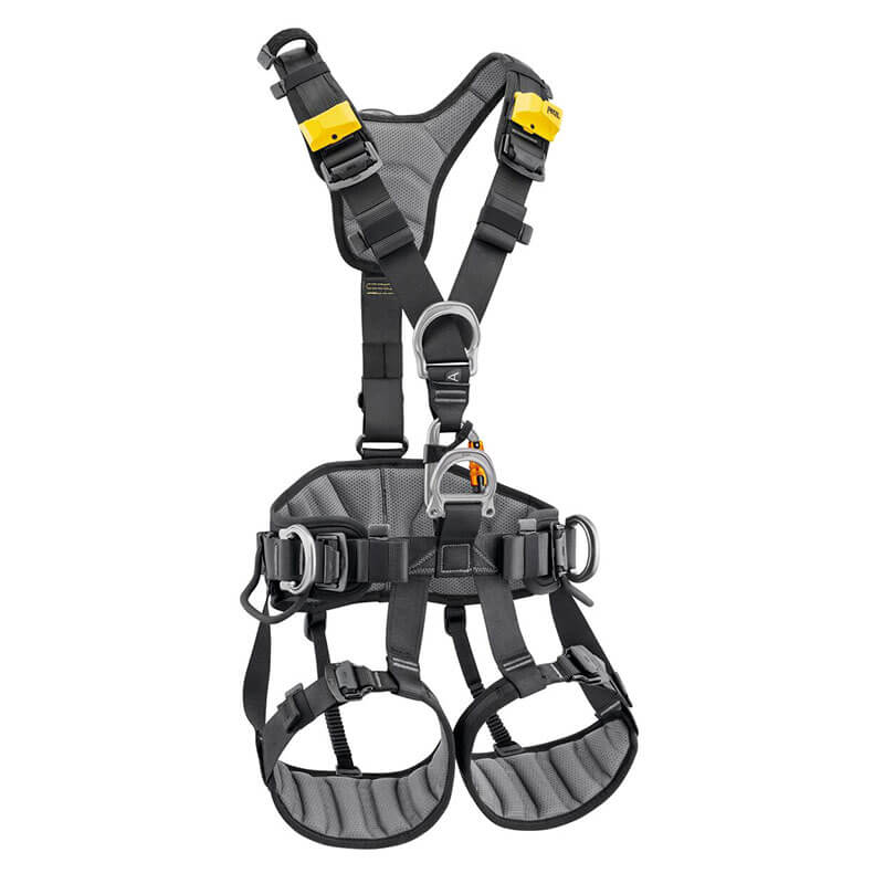 The Petzl AVAO International Version Full Body Harness C071CB0_ features black and gray padded shoulder, leg, and waist straps, metal buckles, and attachment points for climbing, rope descent, or work positioning fall protection.