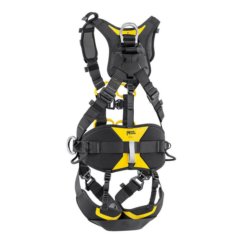 The Petzl Volt International Version Harness C072CB0 is a black and yellow full-body fall-arrest harness with multiple adjustable straps, metal loops, and padded sections, designed by Petzl for climbing, tower work, or industrial use.