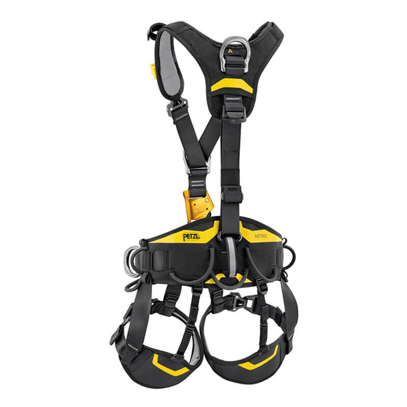 The Petzl ASTRO International Harness C083BB0_ by Petzl, in black and yellow, includes adjustable straps, buckles, and loops. It is designed for climbing or high-altitude work with durable construction and 3D foam padding for comfort—perfect for rope access technicians.