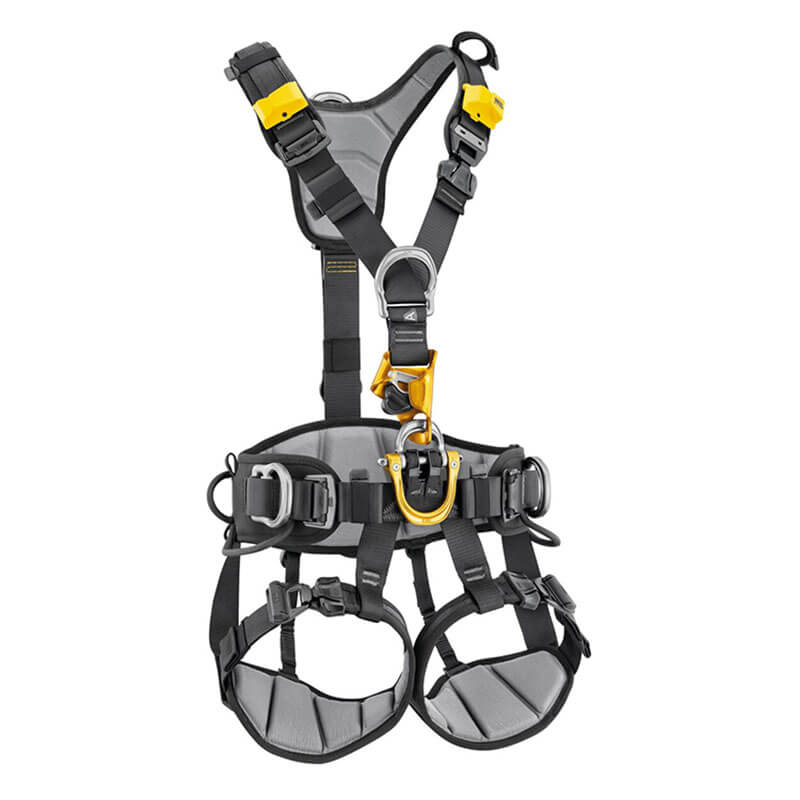 The Petzl ASTRO International Harness C083BB0_ by Petzl features a black/yellow design with adjustable straps, carabiner, leg loops, and 3D foam padding. Ideal for rope access technicians, it offers sturdy back support for safety in industrial and climbing settings.