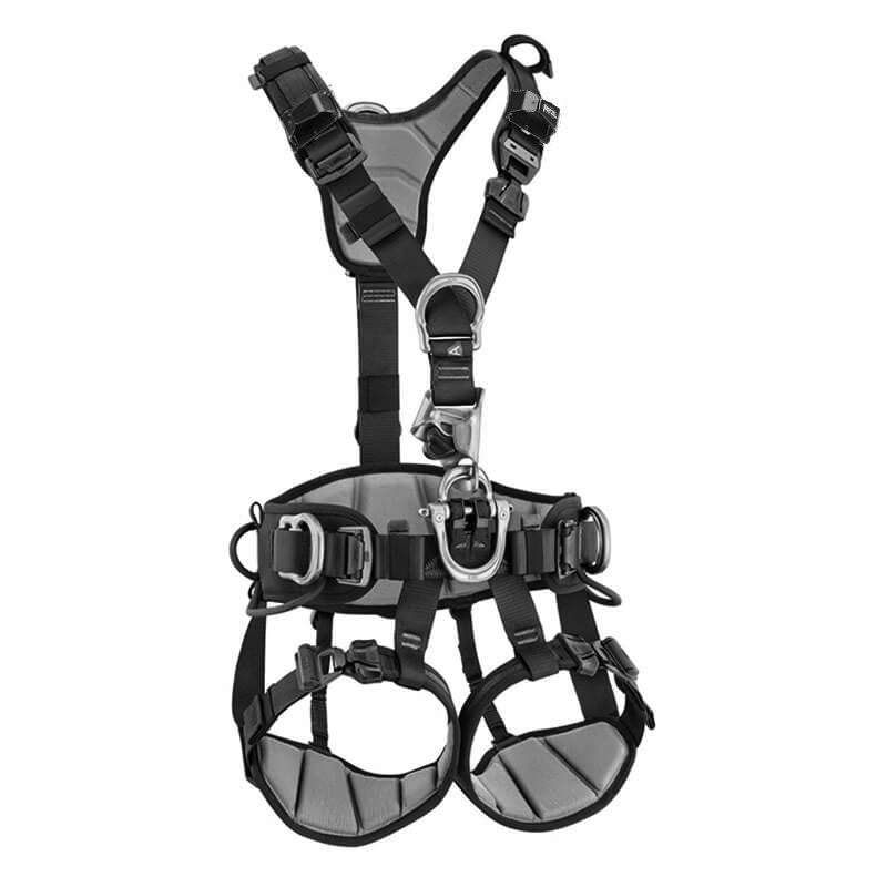 The Petzl ASTRO International Harness C083BB0_ offers ultra comfort with adjustable black and gray shoulder, chest, and leg straps. Featuring metal D-rings, it's perfect for construction safety and ideal for climbing or rope access technicians seeking secure attachments.