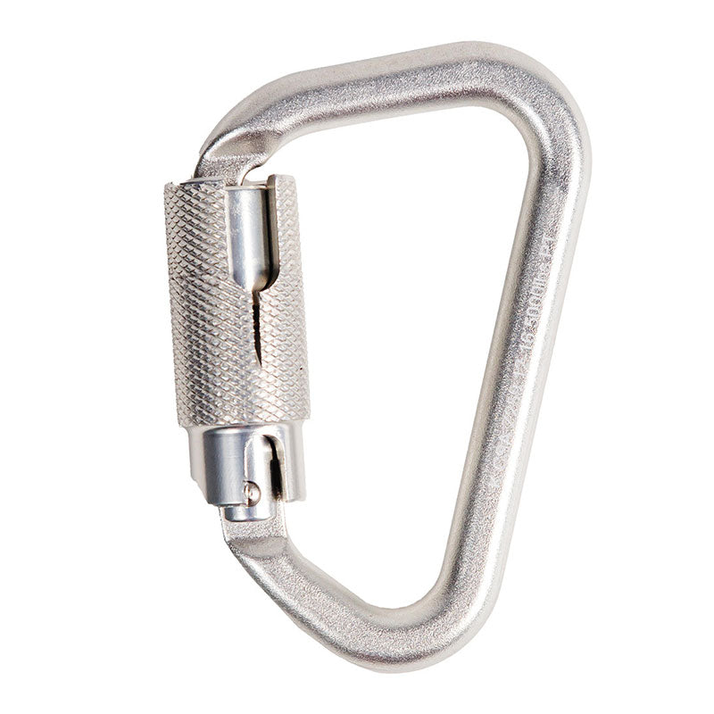 The Frontline Fall Protection Aluminum Quarter Turn Locking Carabiner CAQ117, featuring a textured lock and sturdy triangular design, is shown against a white background—ideal for climbing or securing equipment.